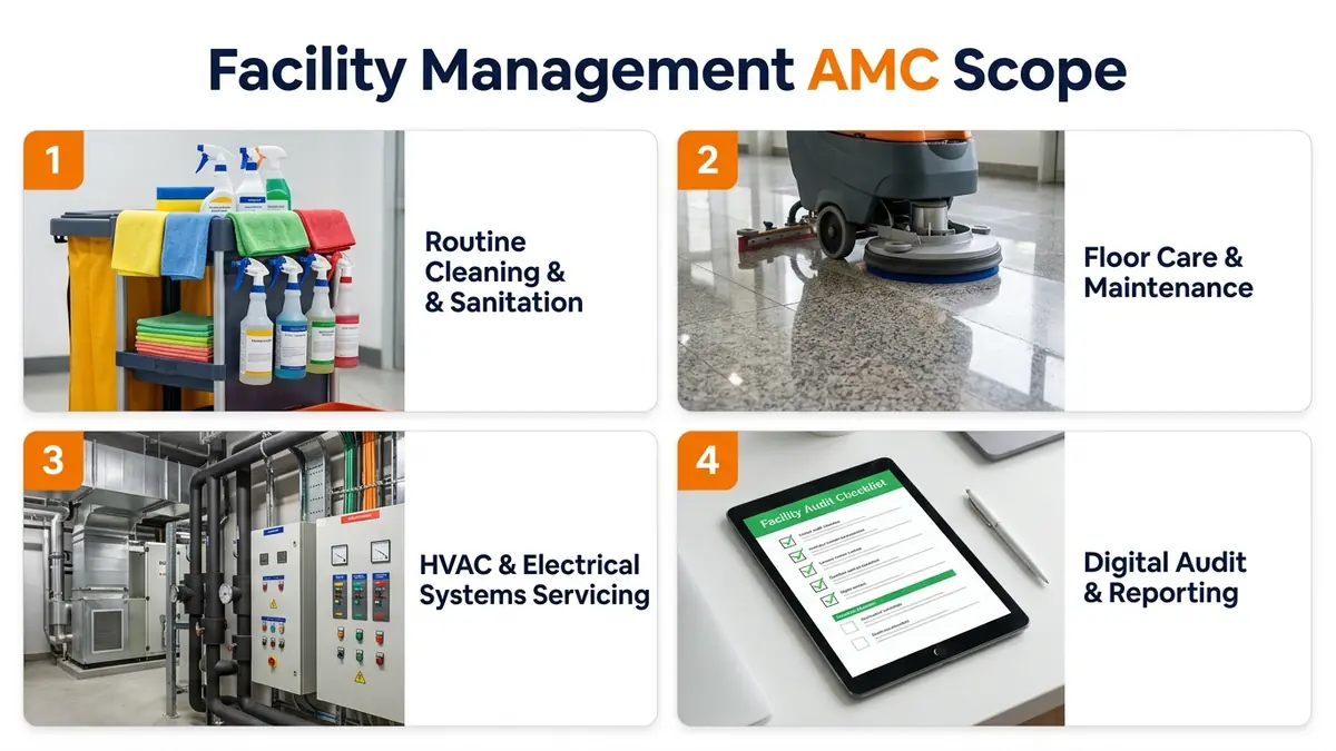 Facility management AMC scope architecture diagram showing routine soft services, periodic mechanized deep cleaning, MEP check and statutory compliance