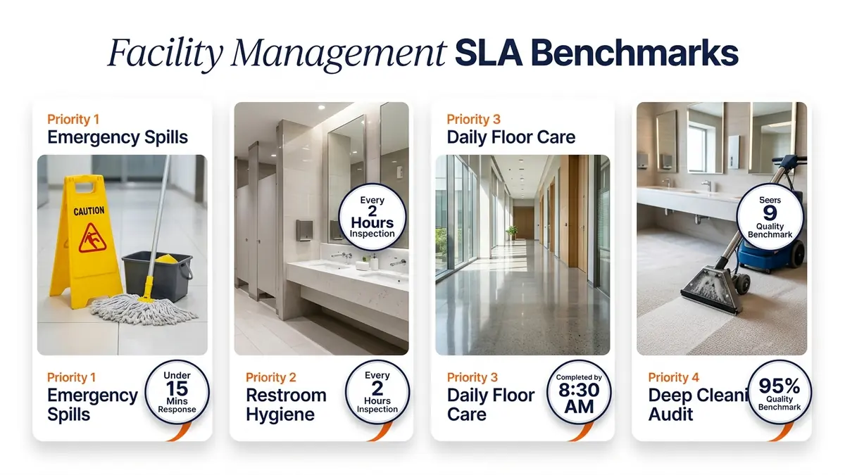 Corporate facility management SLA matrix illustrating response times, inspection cycles and quality benchmarks across four priority levels