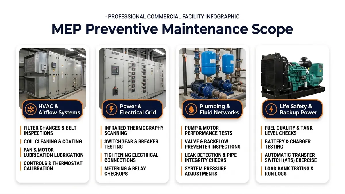 Commercial MEP Preventive Maintenance Scope Infographic illustrating 4 core engineering pillars with realistic facility equipment cards