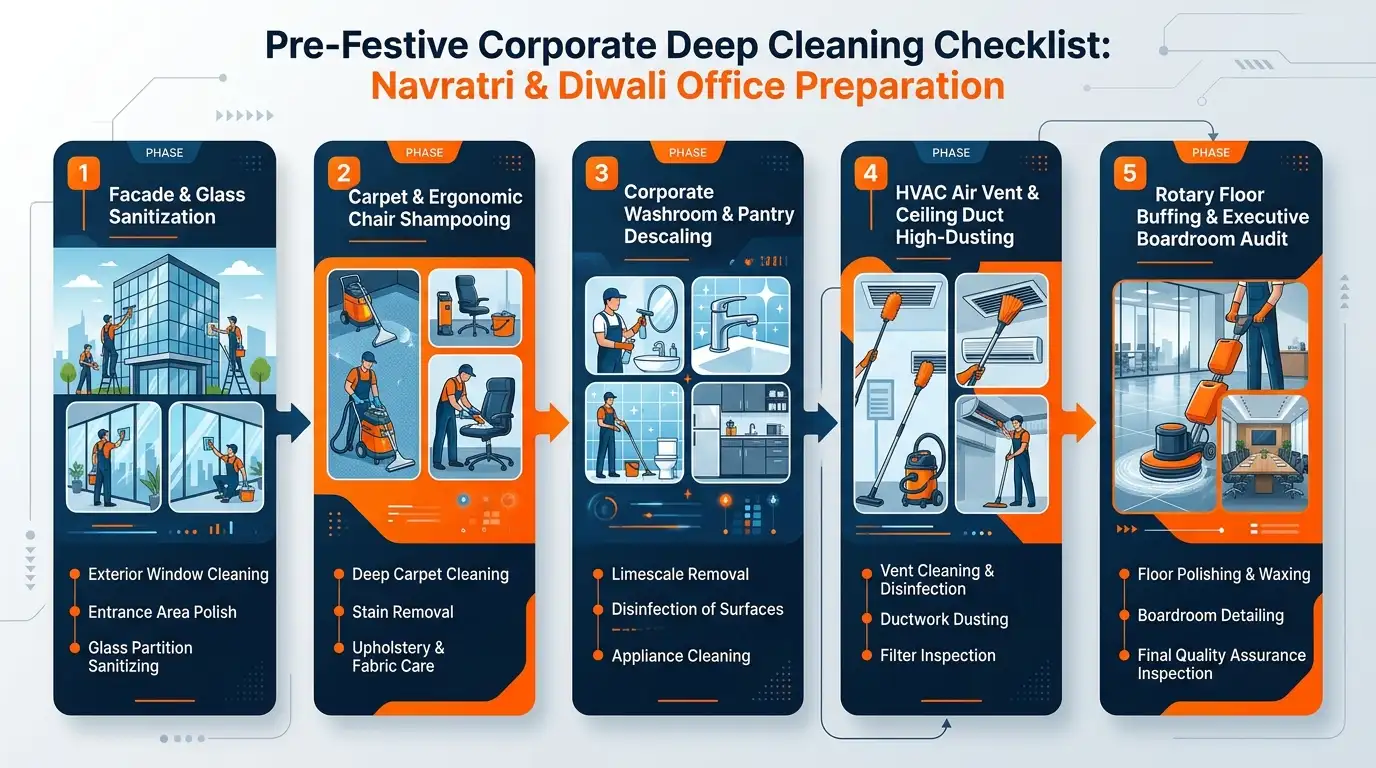 Pre-festive corporate office deep cleaning checklist and workflow infographic covering facade glass, carpet shampooing, washroom descaling, HVAC dusting and floor buffing