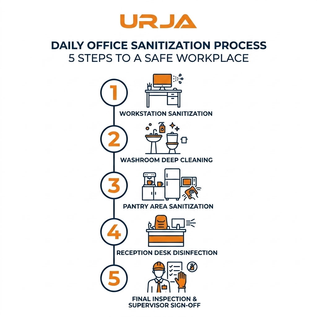5-step daily corporate office cleaning checklist infographic showing workstation wiping, washroom sanitization, pantry hygiene, reception mopping and supervisor sign-off.