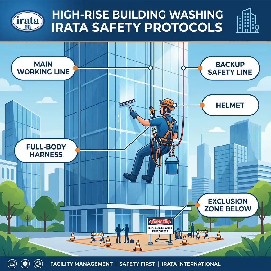 High altitude facade cleaning safety equipment and protocols by Urja Facility