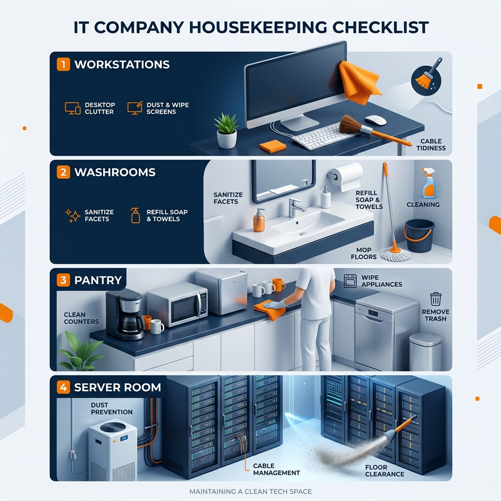 IT company housekeeping checklist infographic for tech parks and corporate offices across India, detailing daily cleaning protocols for workstations, washrooms, pantry and server rooms.