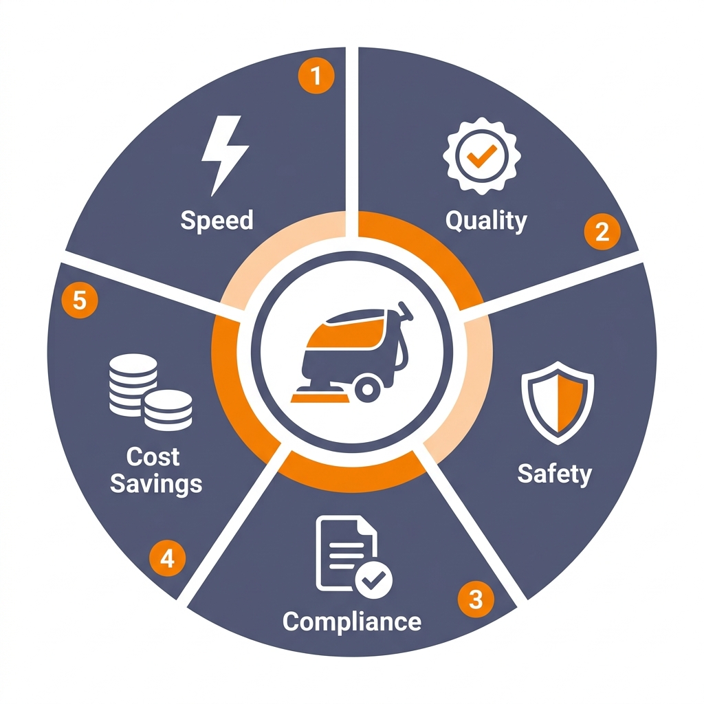 A circular 5-segment infographic showing the benefits of industrial machine cleaning: Speed, Quality, Safety, Compliance and Cost Savings, in Urja brand colours.